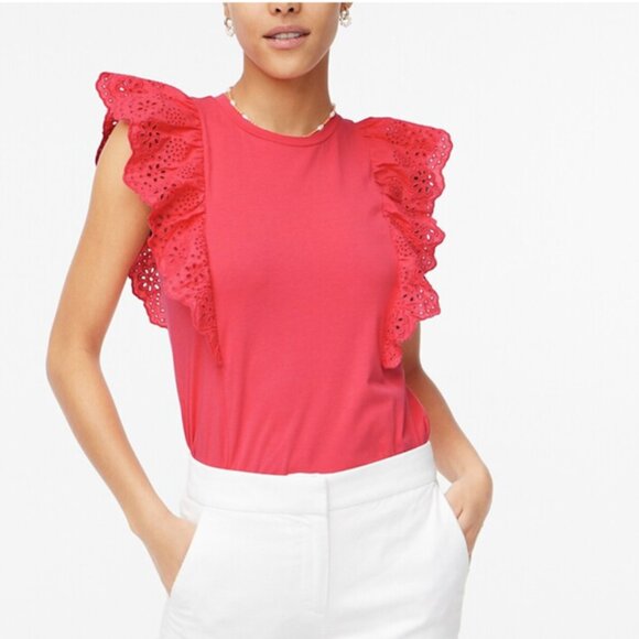 J Crew Ruffle-sleeve Eyelet Top - Picture 1 of 4